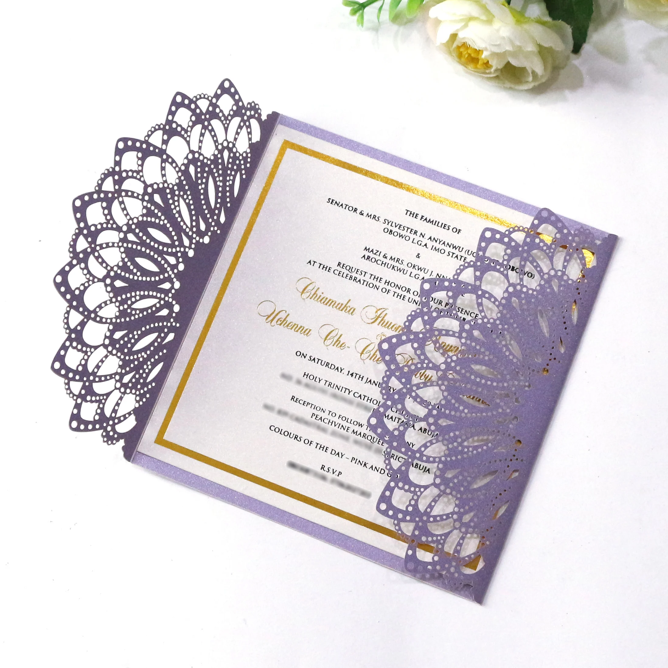 2023 Hot Sale Purple Invitation Card Laser Cut Wedding Invitation Card Design Laser Cut Brand Custom Text