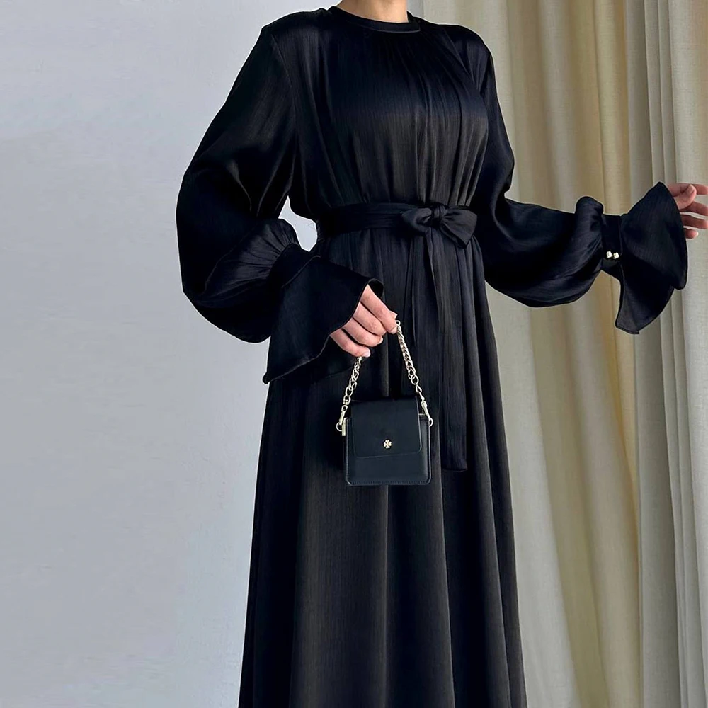 2024 Latest Muslim Long Dress Arab Dubai Modest Solid Color Elegant Satin Abaya Dress Islamic Muslim Dress for women