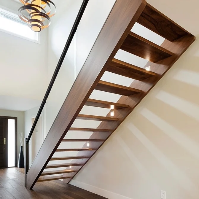 Good Quality Apartment Double Steel Stringer Glass Wood Step Straight Stairs LED Staircases with Glass Railing