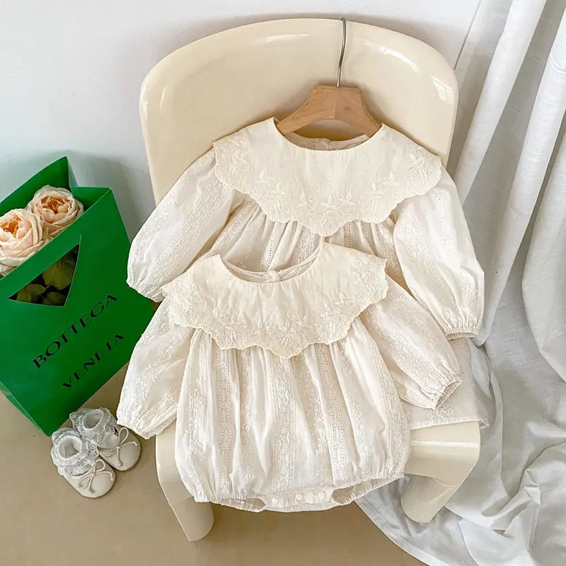 Spring 2024 Baby Clothes Girls Flower Embroidery Big Lapel Long Sleeve Wrap Dress Baby Princess Dress
