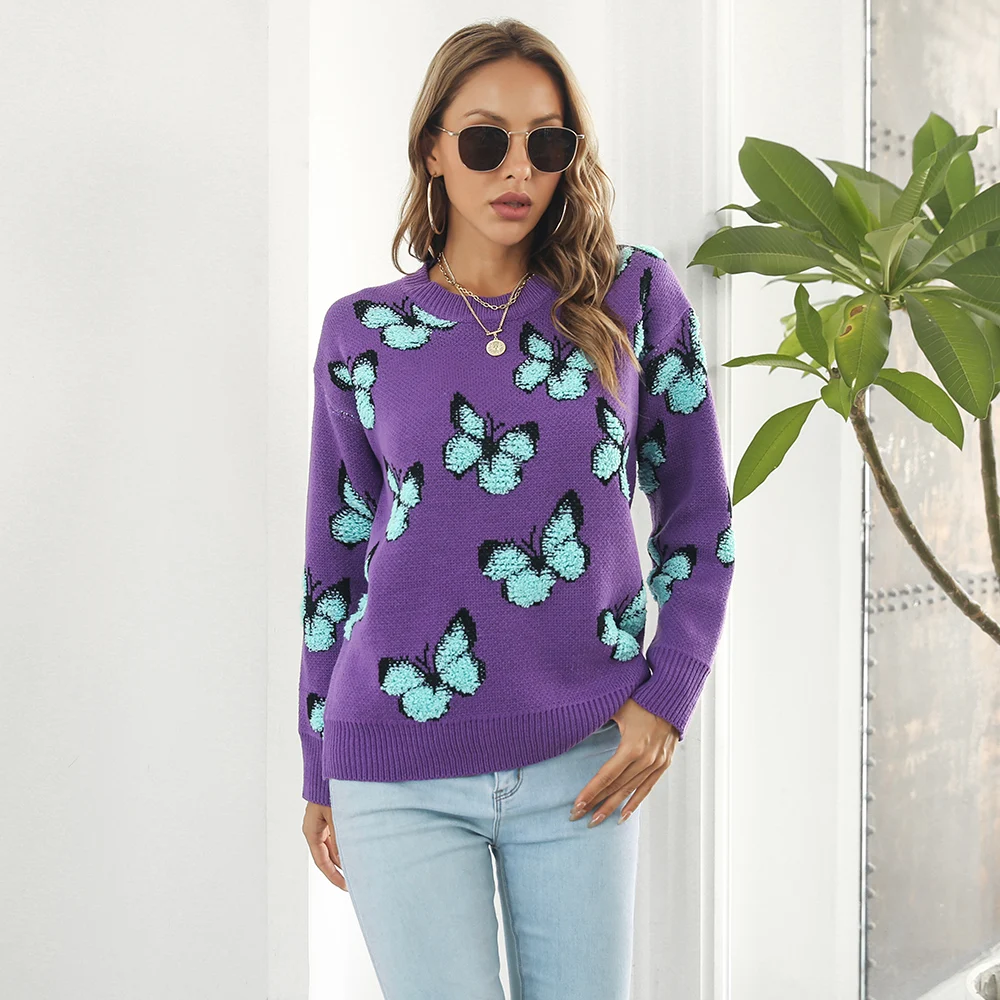 Y2K three-dimension loose autumn and winter long sleeves pullover female butterfly jacquard sweater for women