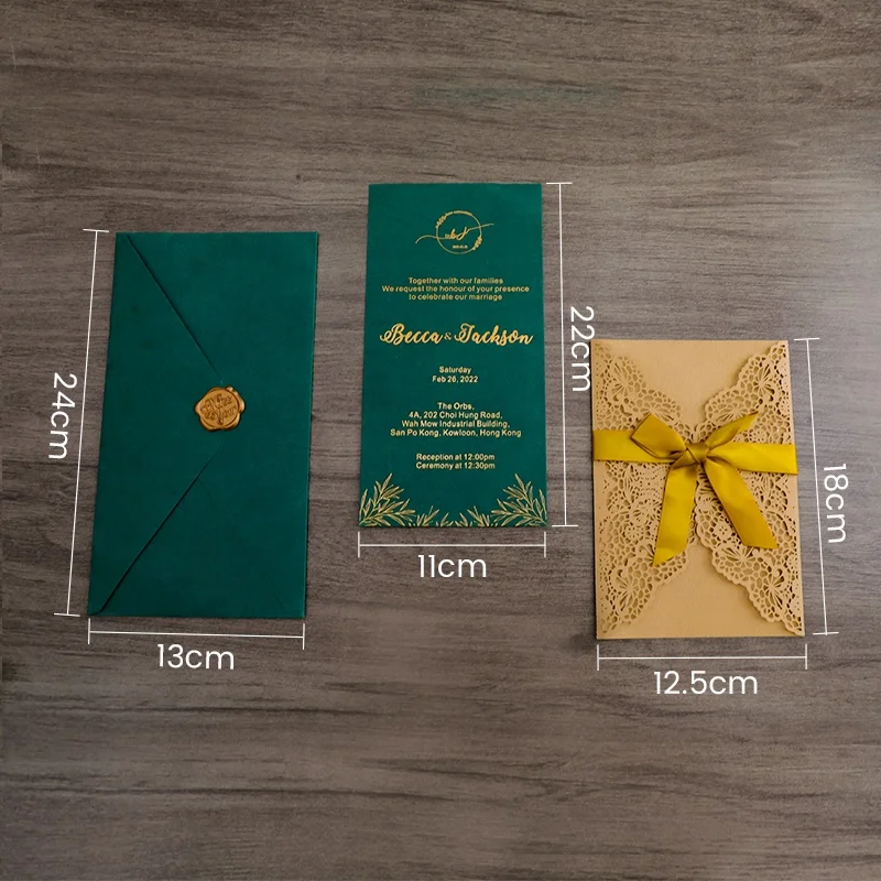 Luxury  Laser Cut Trifold Green Special Paper Business Party Birthday Wedding RSVP Invitation Card with Envelope and Bowknot