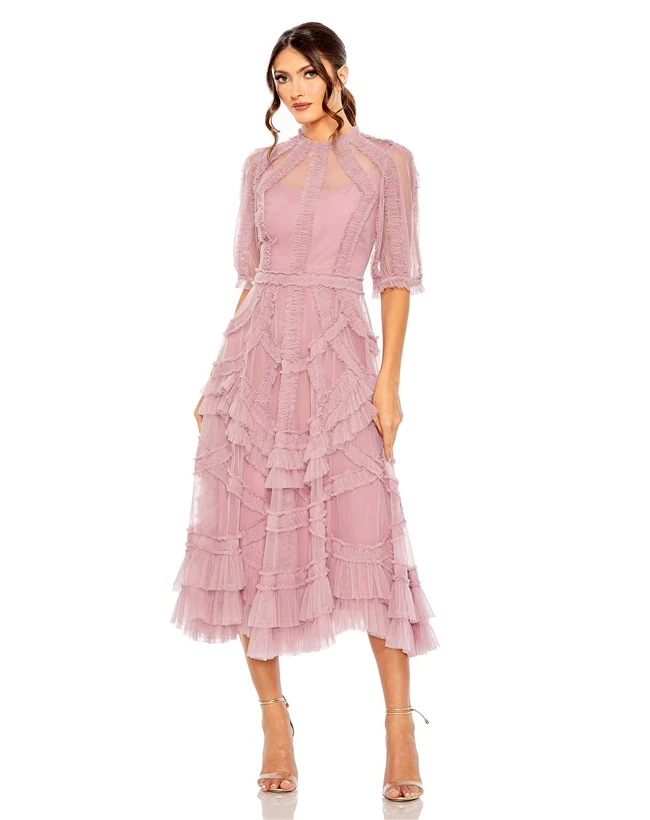 2025 Summer Elegant Custom High Neck Half Puff Sleeves Ruffled Crisscross Frill Tiered Women Tulle Midi Dress