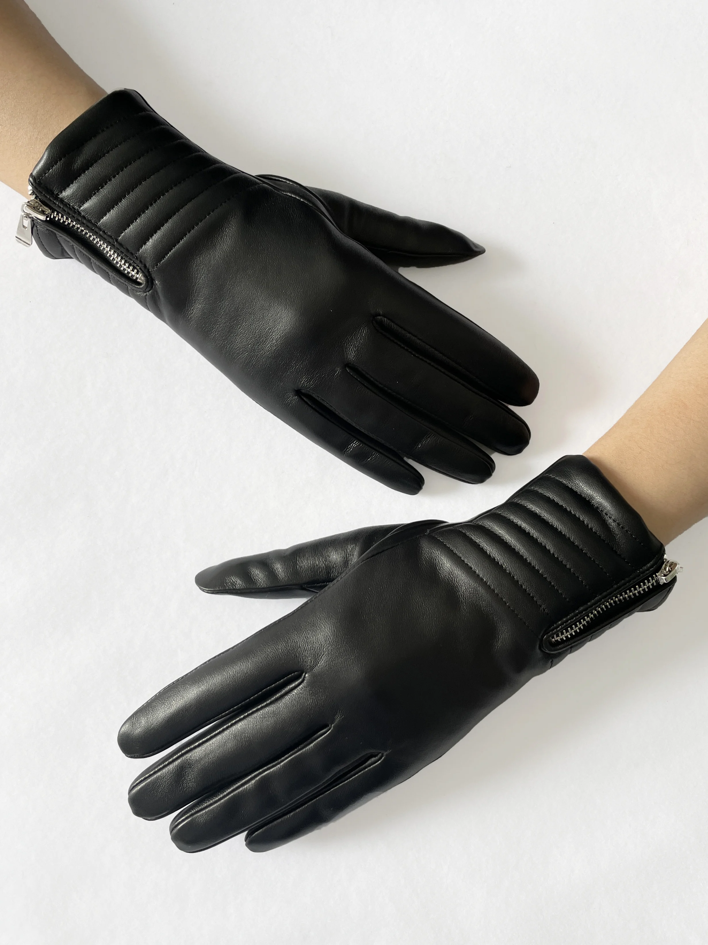 Фабрика BSCI, стильные зимние перчатки из натуральной кожи с трикотажной подкладкой для сенсорных экранов для женщин