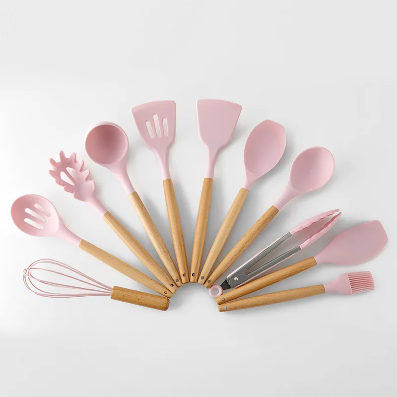 Non-stick Pot Shovel With Storage Bucket Pink Wooden Handle 12pcs Silicone Kitchen Utensil Set