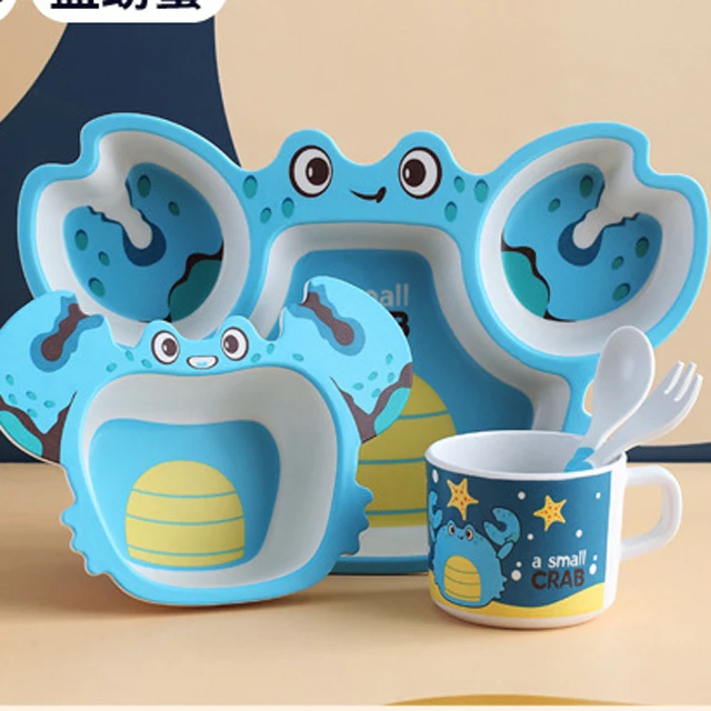 Cute Cartoon Design Kids Dinnerware Set Bamboo Fiber Baby Children Dinner Plates with Cutlery Set Factory High Quality OEM