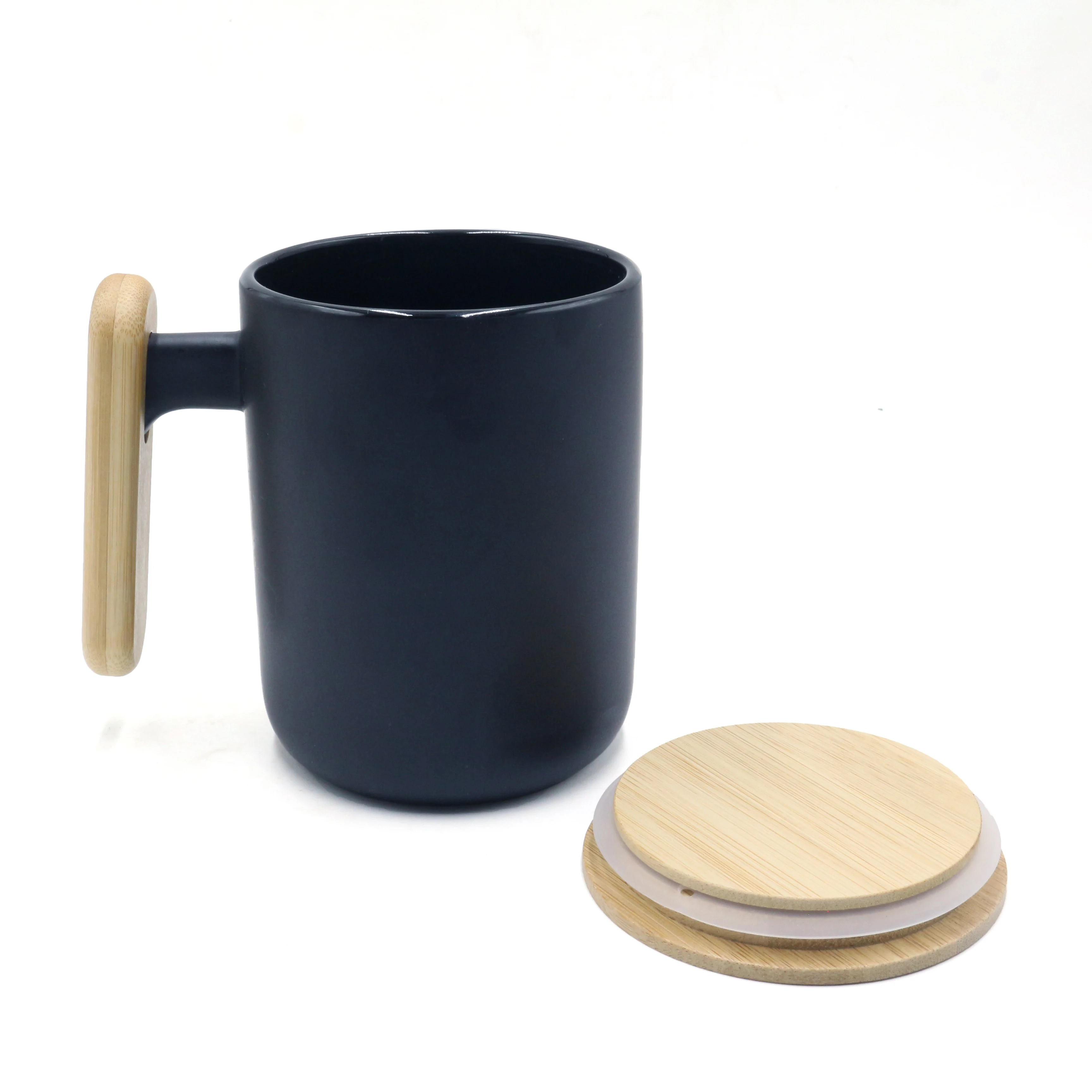 Wholesale Custom Nordic Bamboo Lid Ceramic Cup With Wooden Handle Ceramic Coffee Gift Mug