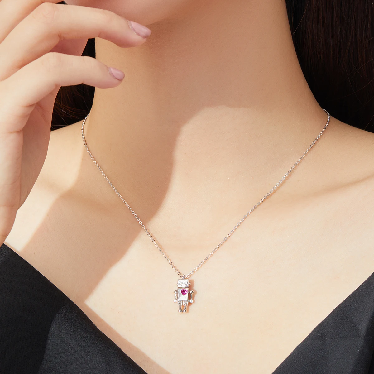 LEICARE S925 Robot Dangle Pendant Necklace for Women Sterling Silver Jewellery Plated Platinum with Zircon