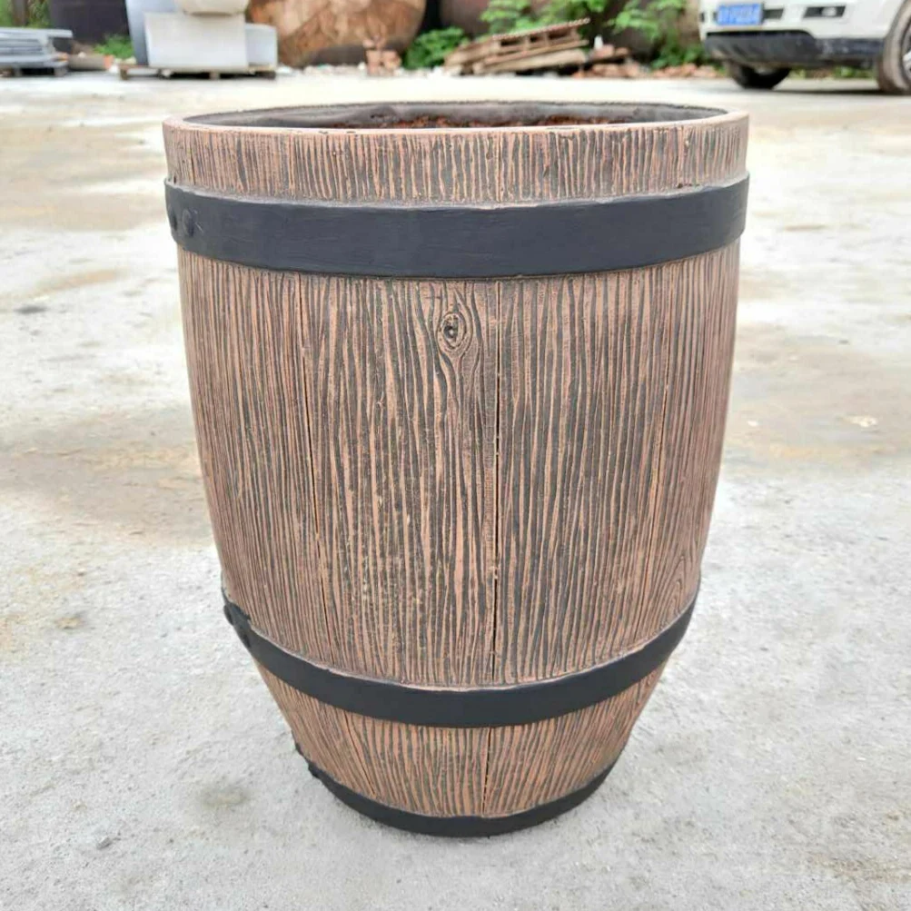 hot sale artificial tall round wood texture fiberglass concrete flower planters