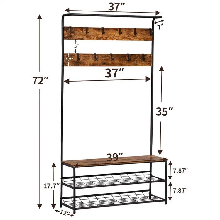 Metal Frame Hall Tree Stand Industrial Hallway Coat Tree Wooden Coat Rack With Shoe Storage