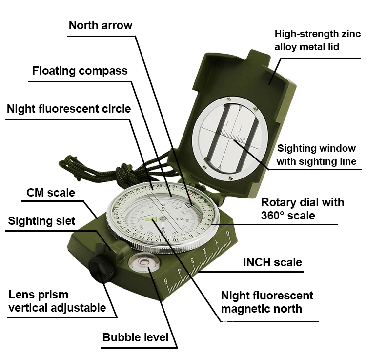 Outdoor vintage mirror geological precision tactical travel plotting survey clinometer compass