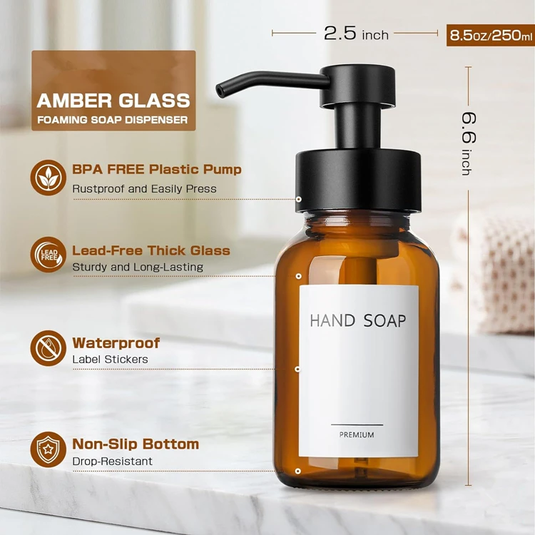 2 Pack Amber Glass Jar Soap Dispenser with Foaming Pump 8.5 oz Round Bottles Dispenser with Foaming Pump Support Customiztion