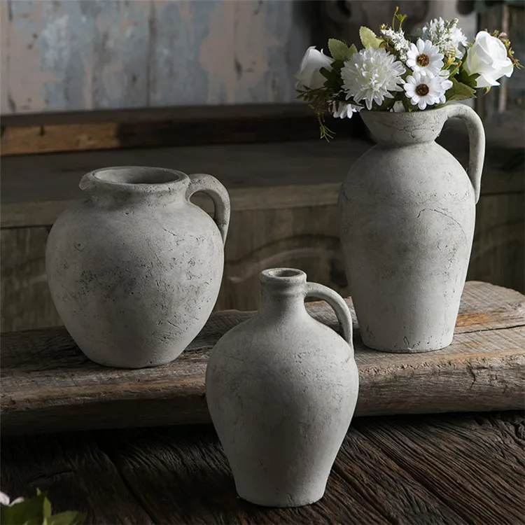 Оптовая продажа винтажная серая цементная ваза ручной работы с одной ручкой