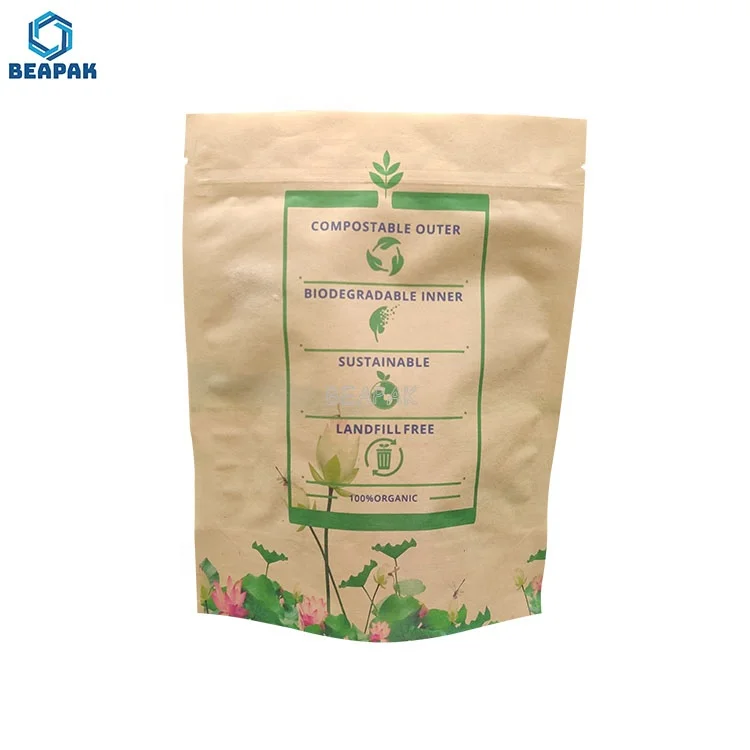 compostable Zipper Bag Reusable Food Storage paper Bags Biodegradable Stand up Pouch