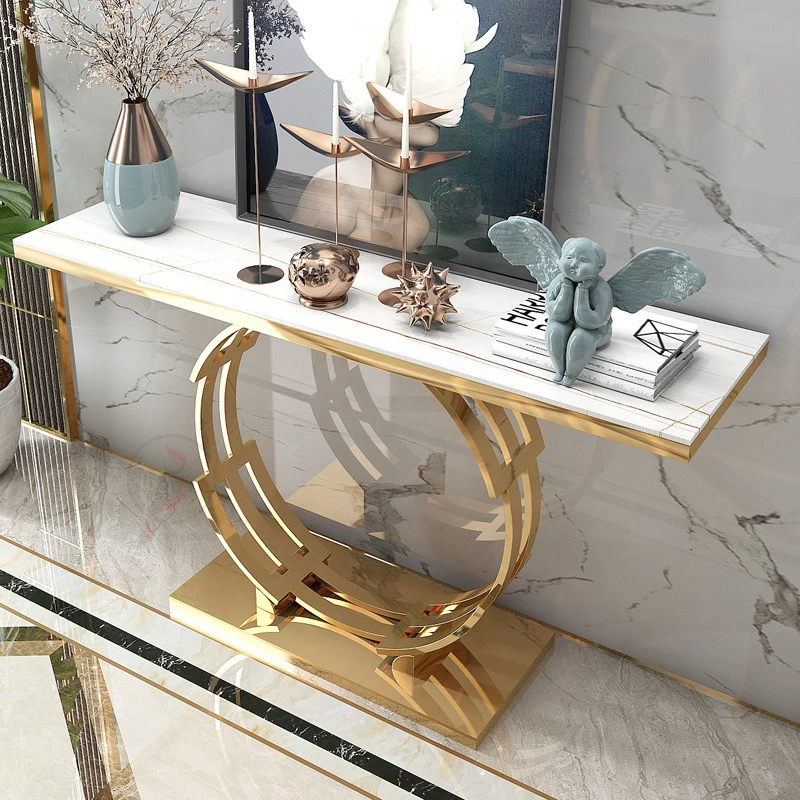 Luxury Modern Furniture Living Room Entryway Side Gold Metal Slimline Square White Marble Mirror Console Table For Living Room