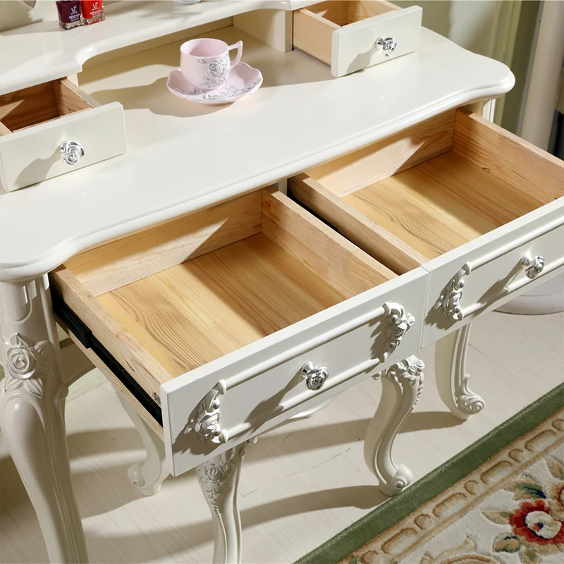 Bedroom Furniture Luxury Classic White Wooden Mirrored Dresser Makeup Vanity Dressing Table with Drawers