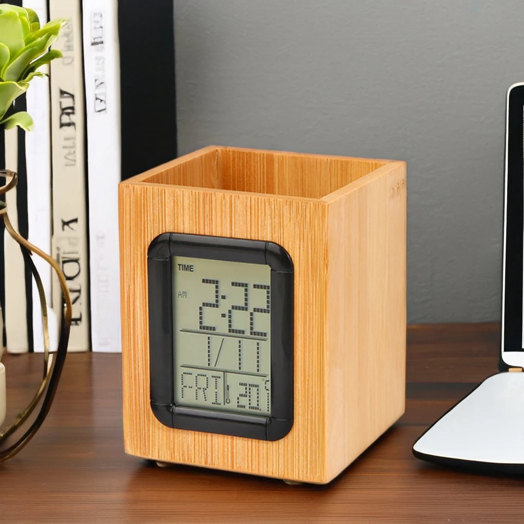 Creative Bamboo LCD Voice Control Home Living Room Study Pure Bamboo Large Screen Digital Display Pen Table Alarm Clock