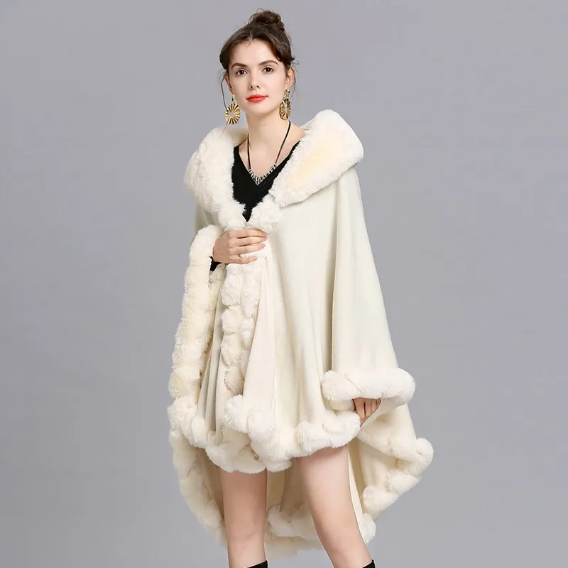 New Style Faux Wool Poncho Winter Autumn Warm Casual Big Fur Collar Cape Coat Long Cardigan mid-long style Faux Fur Cloak
