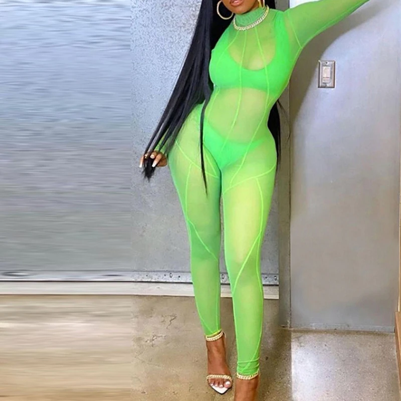 
Mesh Baddie Fitness Tight Rompers Womens Jumpsuit See Through Zipper Long Sleeve Outfits Bright Color Sporty Catsuit 