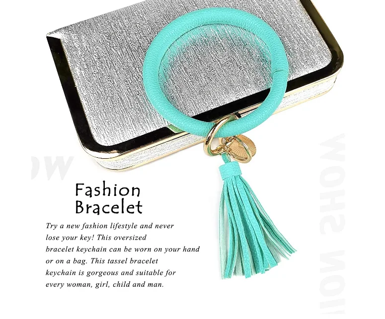 Leather Bracelet Keyring Bangle Keyholder Tassel Ring Circle  Keychain Wristlet for Women Girls Free Your Hands