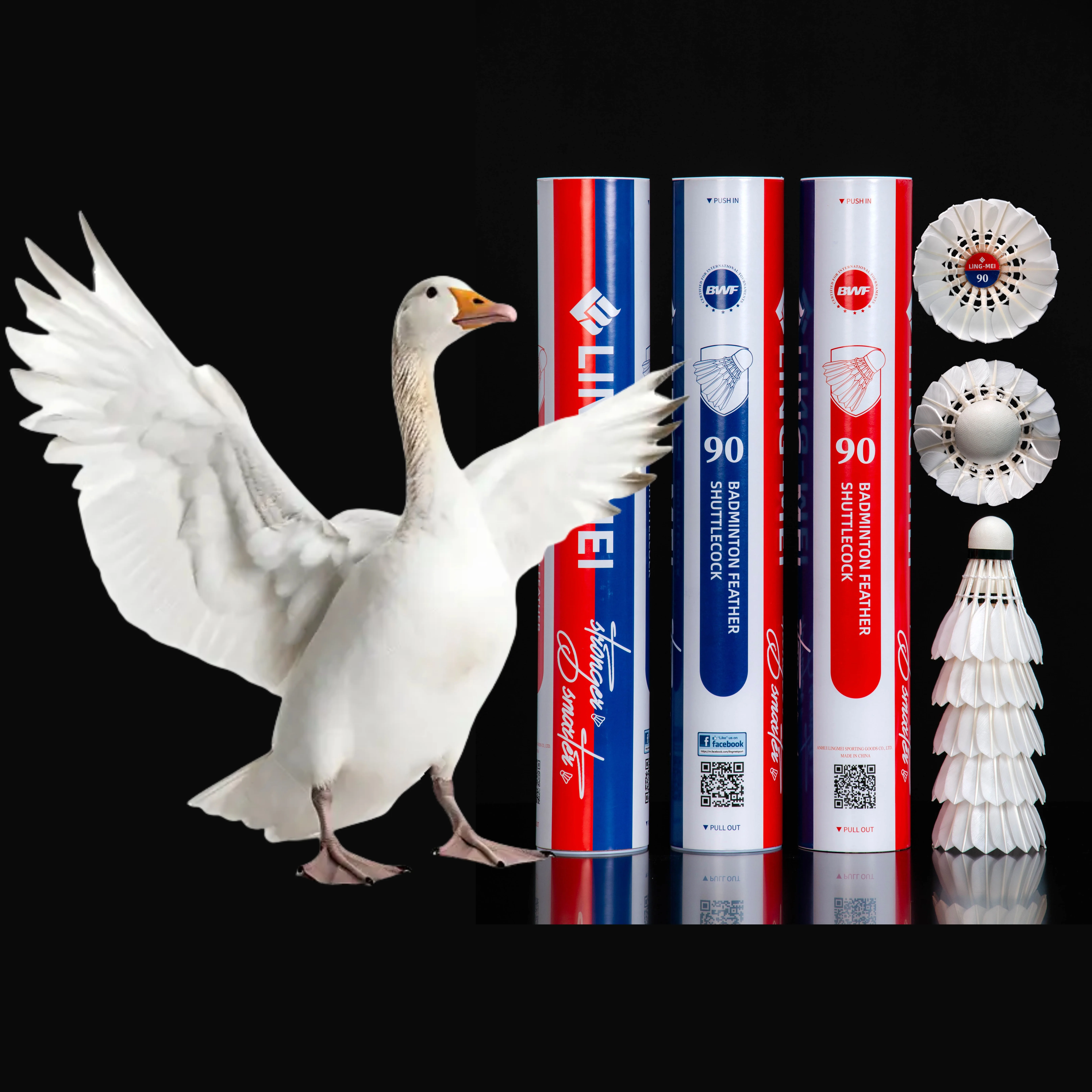 LINGMEI 90 BWF aeroplane eg1130 China factory custom goose feather  badminton shuttlecock