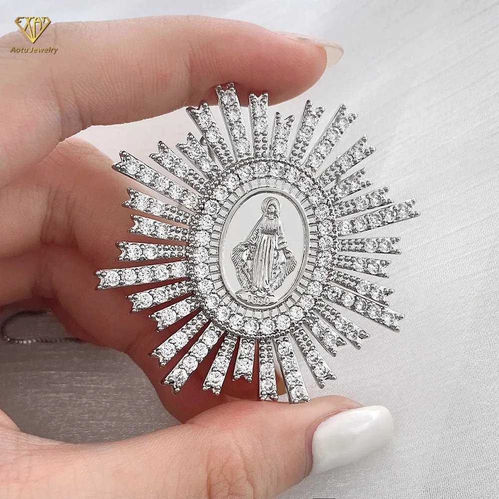 Religious jewelry stretch diamond Sunshine shape God of Mother Virgin Mary pendant necklace