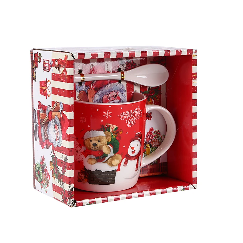 Hot Selling Russia Custom Christmas Gift Ceramic Mugs Coffee Cup Porcelain Christmas Mug With Spoon
