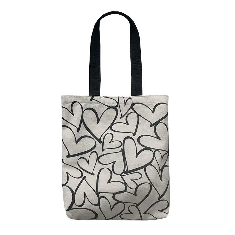 Everyday Use Student Shopping Summer Beach Heart Print Canvas Tote Bag for Women Stylish Black and White Shoulder Handbag