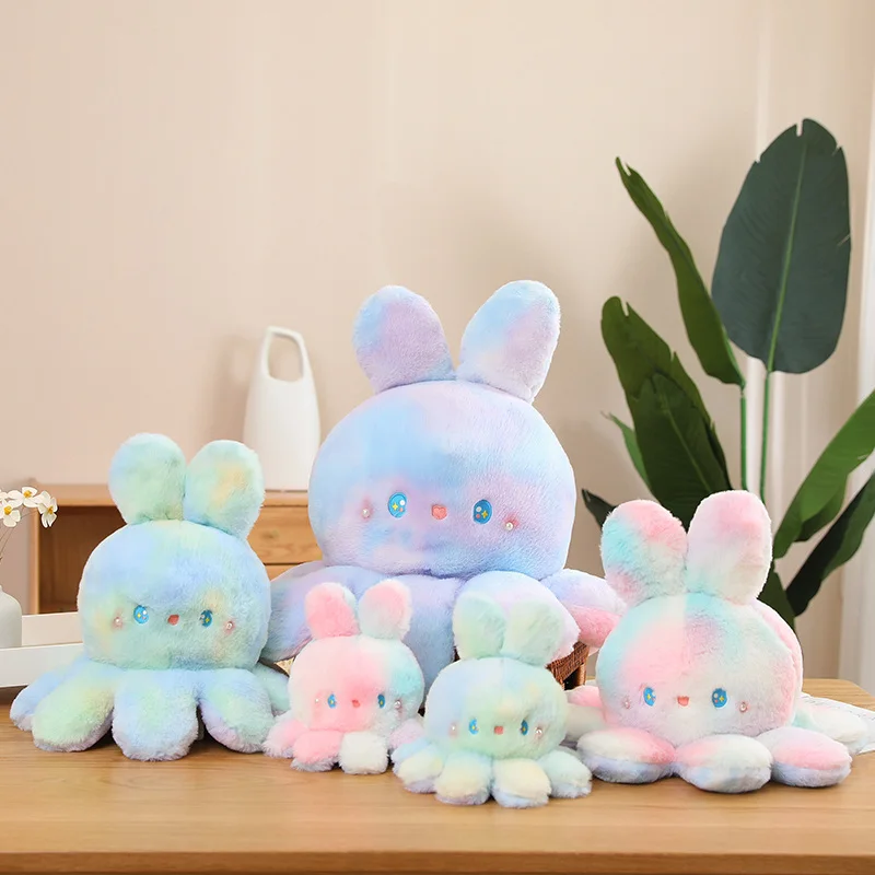 OEM Customize Soft Stuffed Double Side Tie Dye Rabbits Plush Reversible Octopus Rabbit for Kids Girls