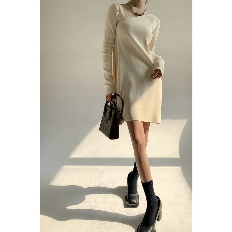 Soiling pure color asymmetrical neck pullover knitwear elegant Design sense niche knit dress women long sleeve base skirts