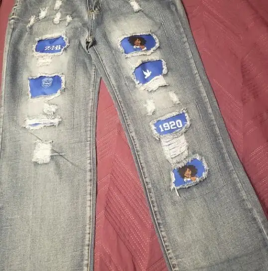 Delta Sigma Sorority Inc Distressed Jeans Greek Blue Rave  Lady Jean Crumple up Sorority Mend Women Casual Denim Jeans