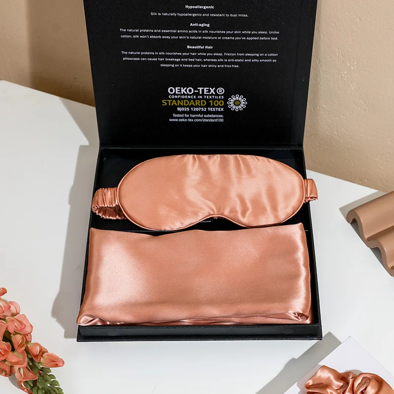 22mm Luxury 100% Mulberry Silk Sleep Travel Satin Silk Pink Eye Mask With Gift Boxes And Silk Pillowcase Sets