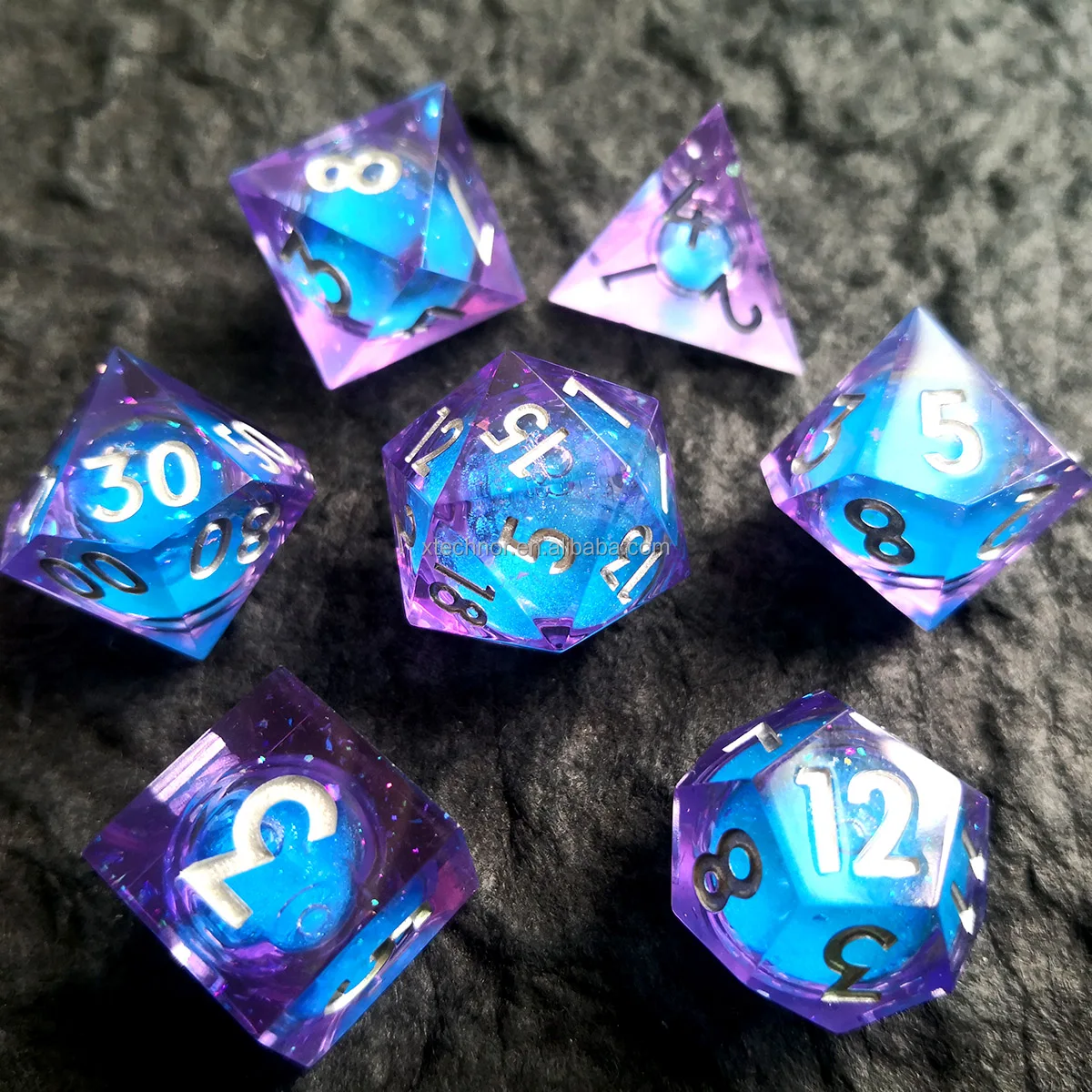 Full Set Handmade Liquid Core Dice Purple and Blue Resin Sharp Dice Resin RPG D&D Dungeons and Dragons Dice Set