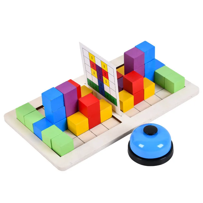 Montessori Children Wooden 3D Logical Geometric Shape Cognition Two player Battle Stacking Blocks Game Educational Toy For Kids