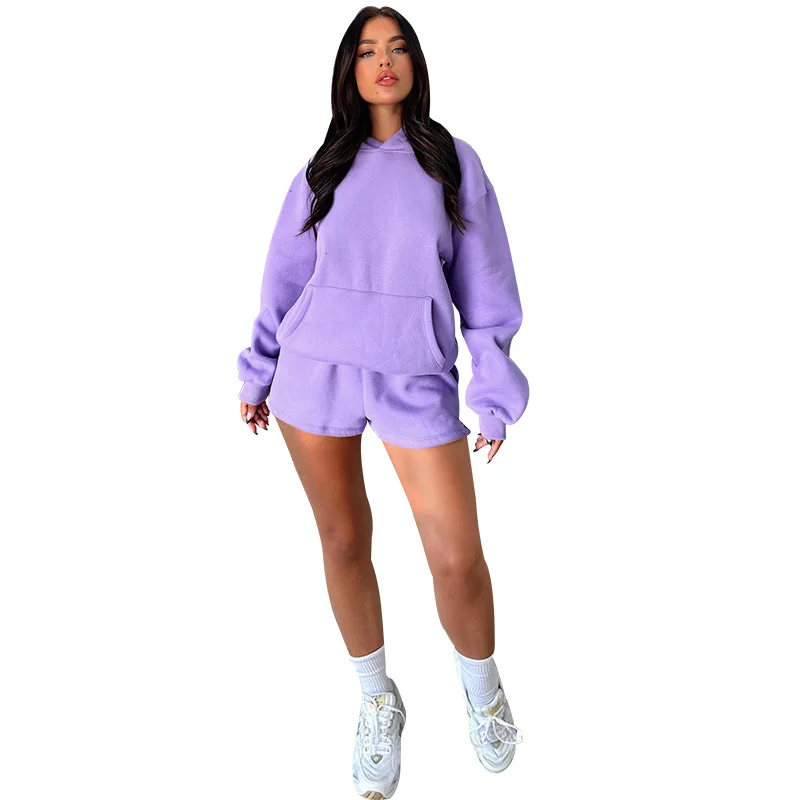 WWS-06 Boxy fit polyester cotton women hoodie and shorts set solid color female pullover and short sweatpants