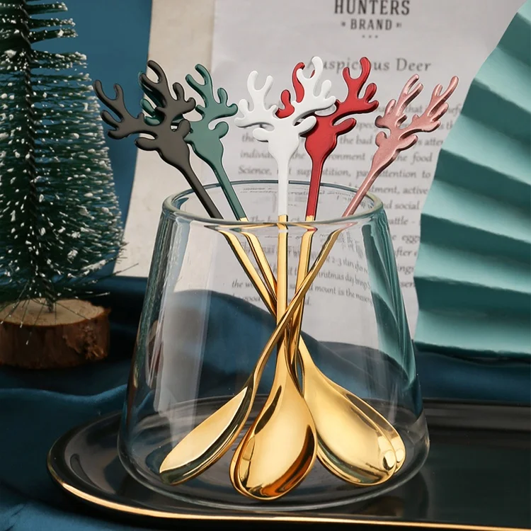 stainless steel 304 exquisite Christmas Elk 2 piece set gift box gold creative styling metal dessert spoons coffee tea spoon set