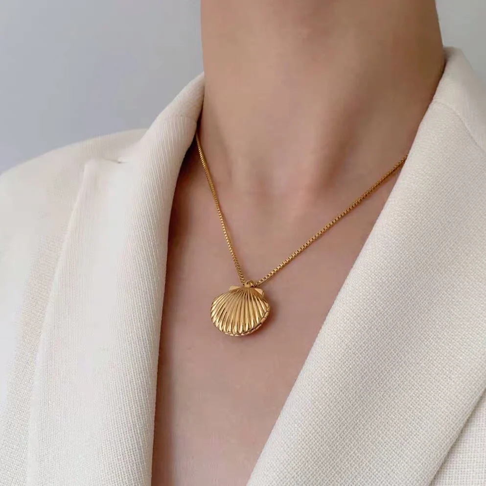 Роскошная золотая открывающаяся Пряжка, подвеска из ракушек, ожерелье, цепь из нержавеющей стали с коробкой по низкой цене, ювелирные изделия Dylam