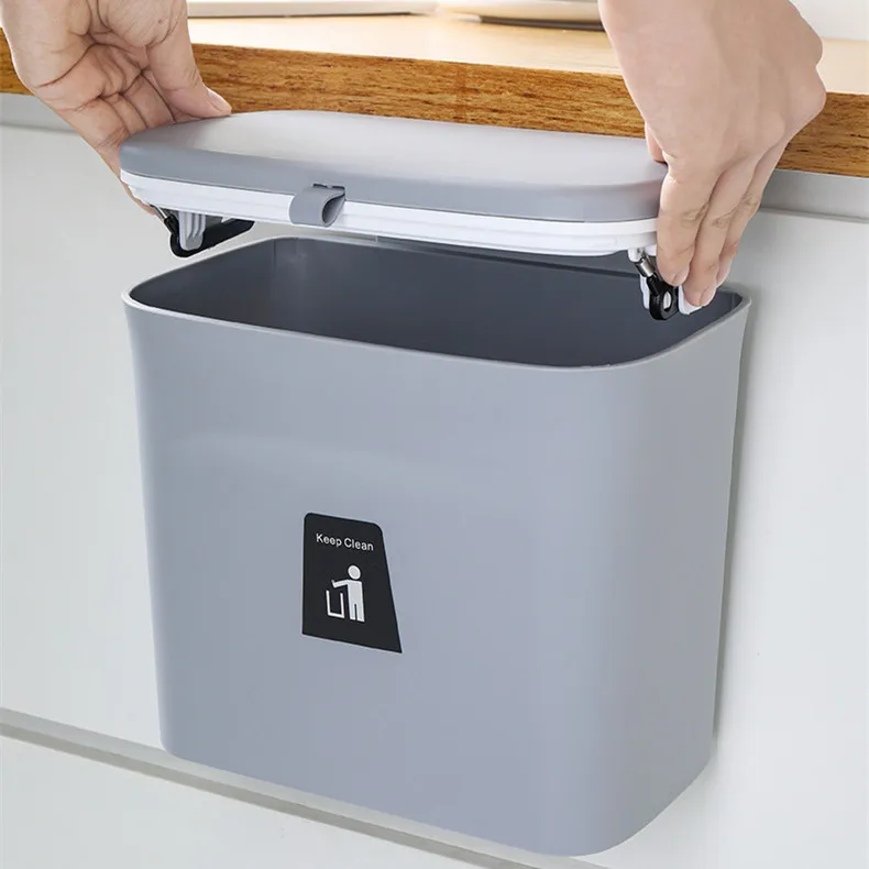 
7l / 9l Kitchen Garbage Can Plastic Trash Bin Cabinet Door Hanging Wall Mounted Trash Bin Garbage With Lid 