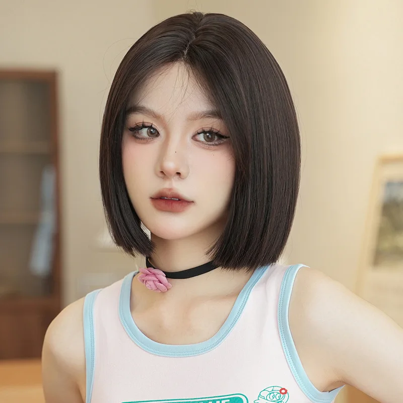 Ainizi new design Korean style 30cm short bob black tea middle part synthetic U part lace wigs for women