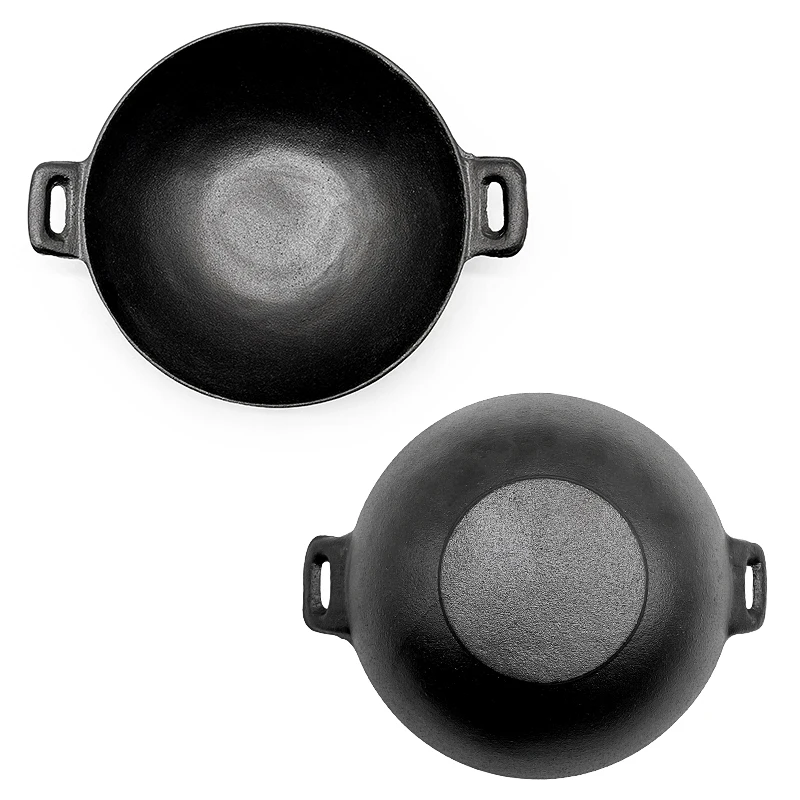 Flat Kichen Cast Iron Wok With Wooden Lid