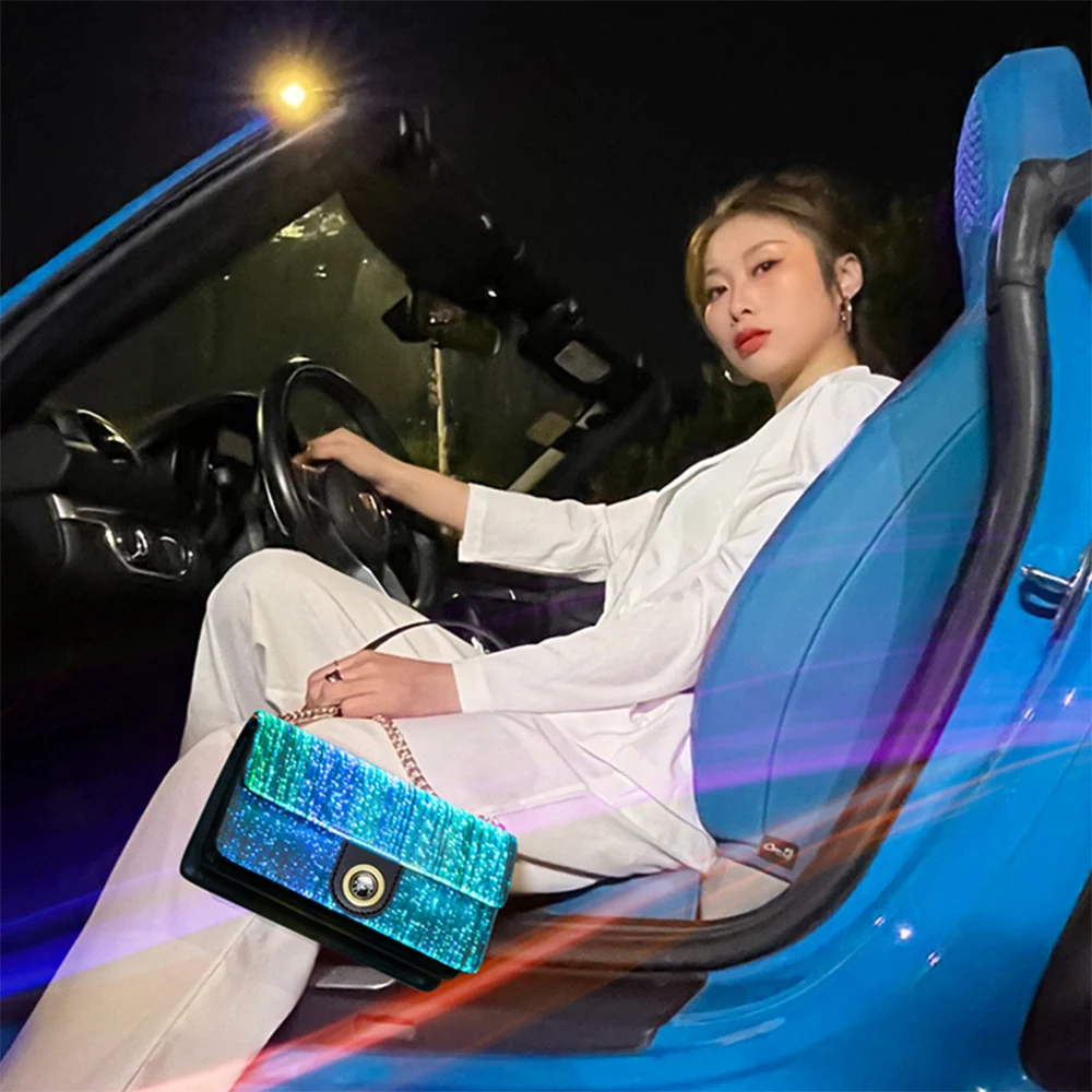 New Fashion Glitter Tote Bag  Women Hand Bags Ladies Chain Leather Purses Handbags Led Cosmetic led light up Bag