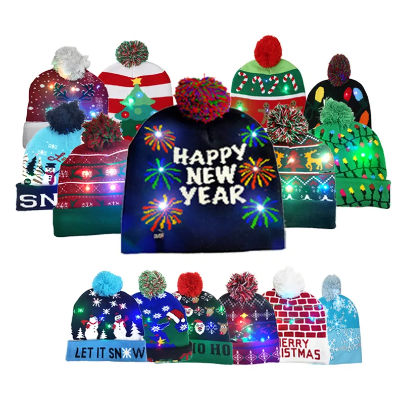 Wholesale LED Christmas Sweater Hat Light up Xmas Knitted Cap Unisex Winter Hat Custom Knit for Mens Women Baby Kids Beanie Hats
