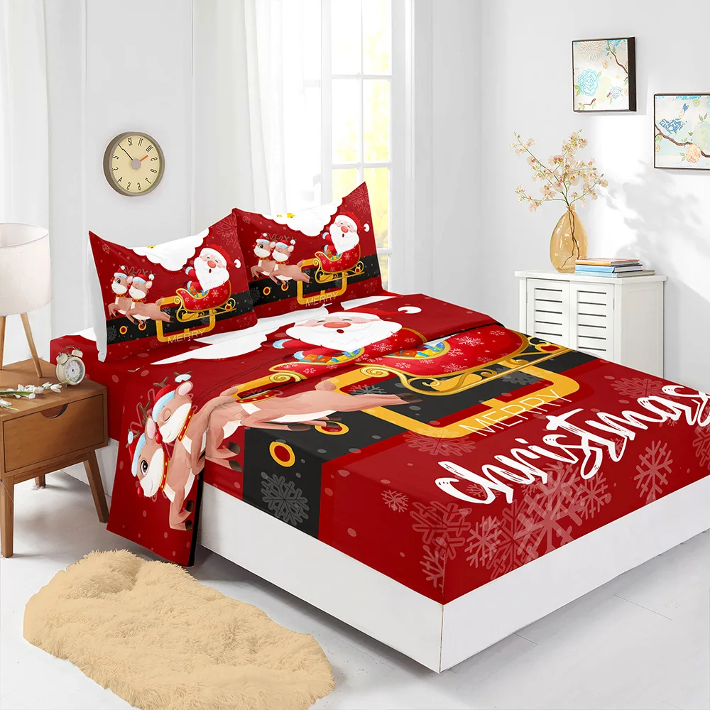 Wholesale Festival Christmas Tree Deer Santa Claus Party Fitted Sheet Set