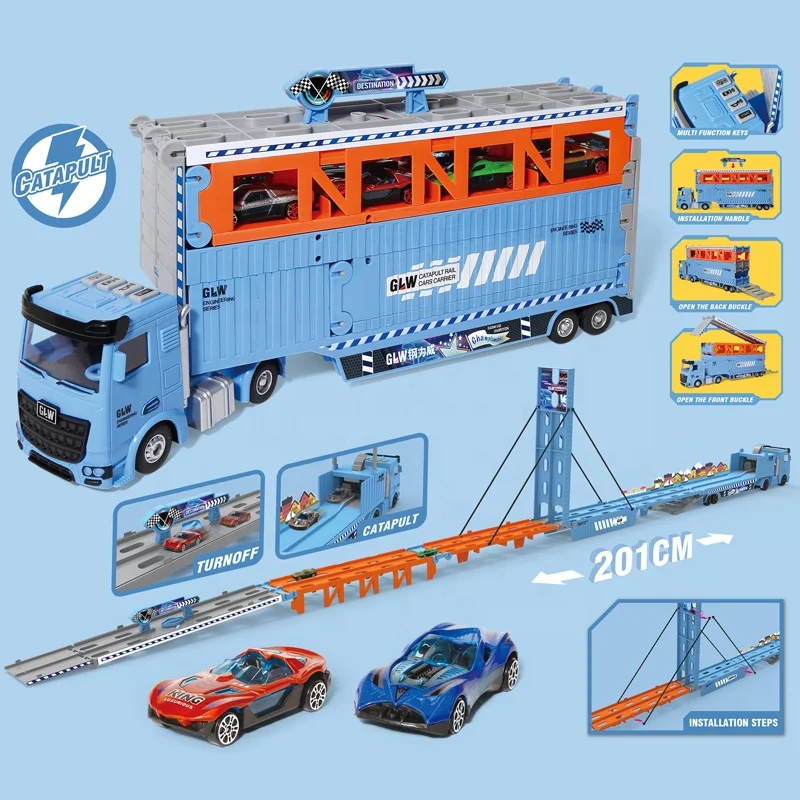 Boys model vehicle track trailer truck toy container truck with alloy mini car