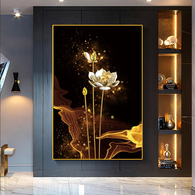 Still Life Posters Lotus Canvas Home Decoration Bedroom Murals Light Luxury Golden Flowers Painting and Plants Print