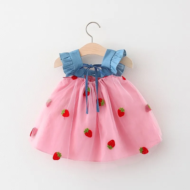 Summer Casual Sweet Cherry Embroidery Holidays Kids Clothes Love Roses Newborn Baby Girls Party Dresses Toddler Girl Skirt