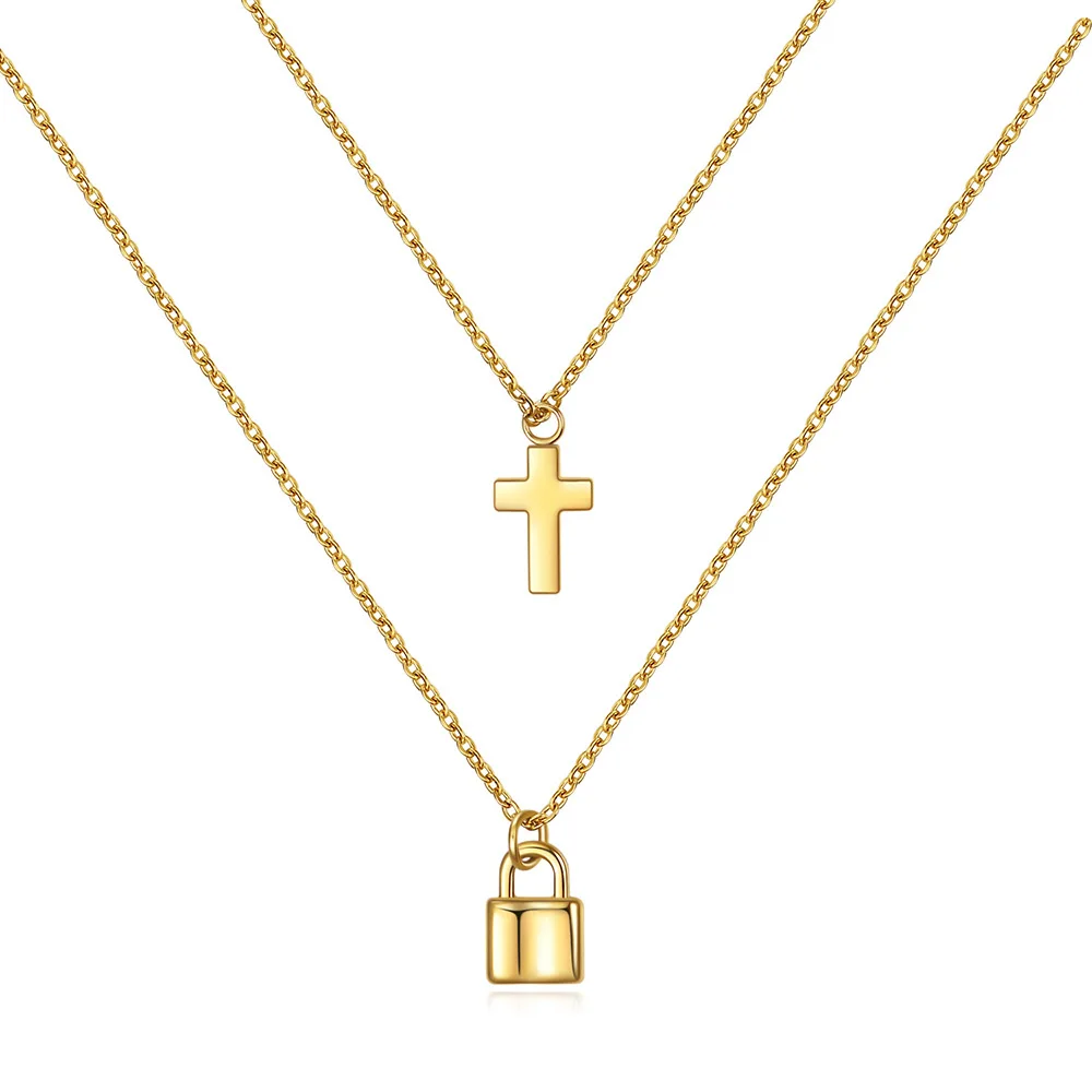 Newest Fashion Gold Padlock Necklace 18K Gold Simple Stainless Steel Tiny Cross And Lock Pendant Layered Neckalce For Women Girl