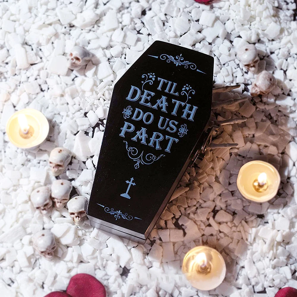 Creative Halloween Wedding box coffin shaped packaging wooden box Small Black Wood Coffin Ring Box