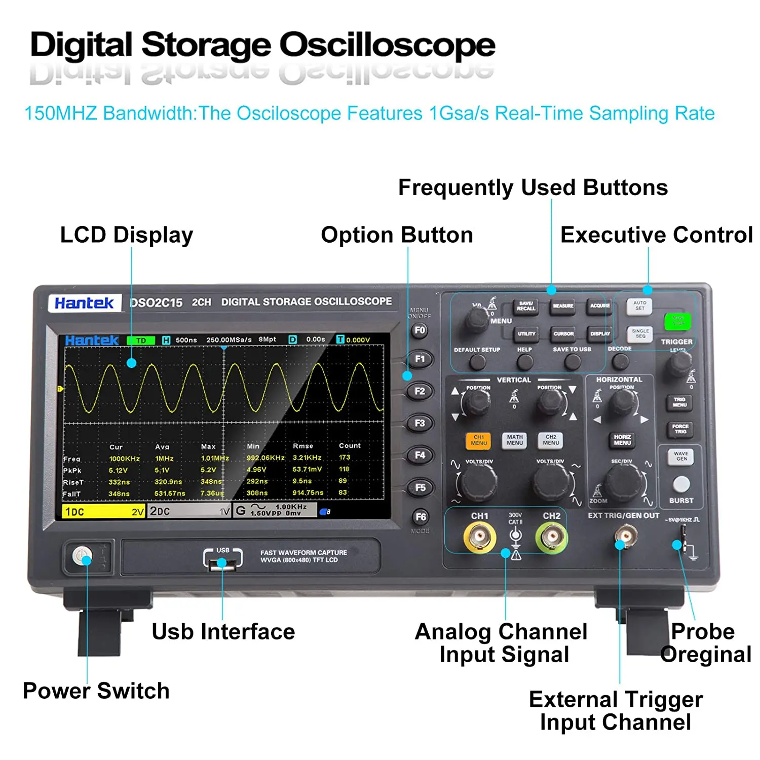 Hantek Dso2c15 Oscilloscope 2ch Channel 150mhz 1gsa/s Sampling Rate Dual-channel Digital Economical Storage Oscilloscope