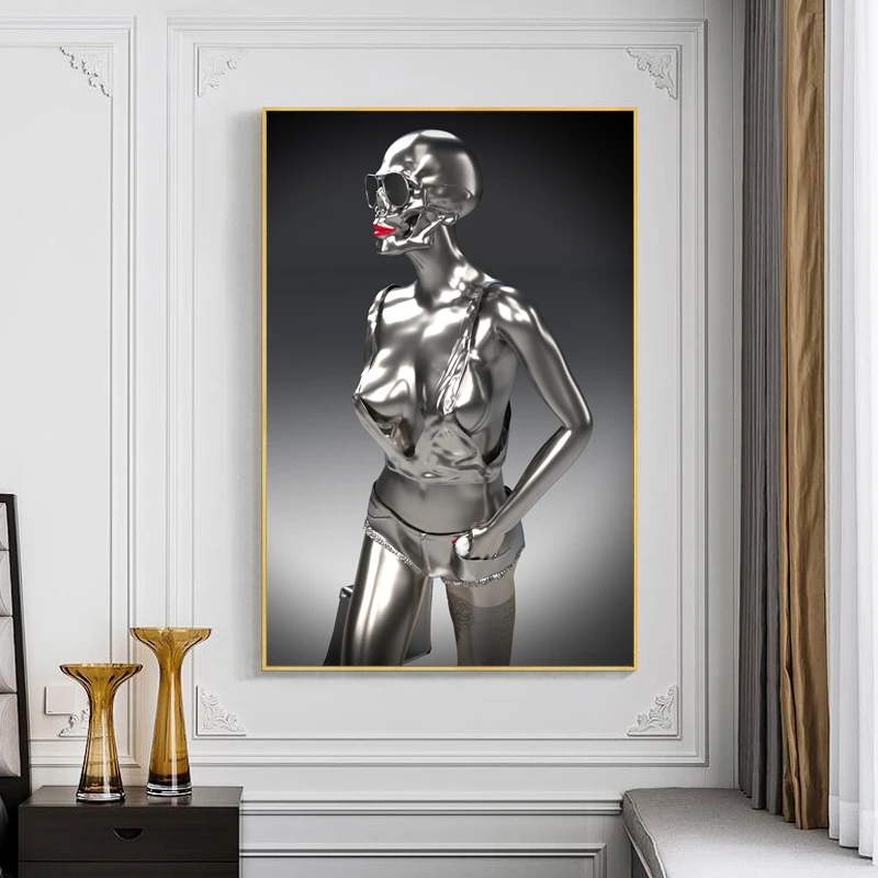 Красные губы, металлическая женская скульптура, Художественная Картина на холсте, настенные художественные плакаты и принты, сексуальная девушка, статуя, Настенная картина, декор для гостиной